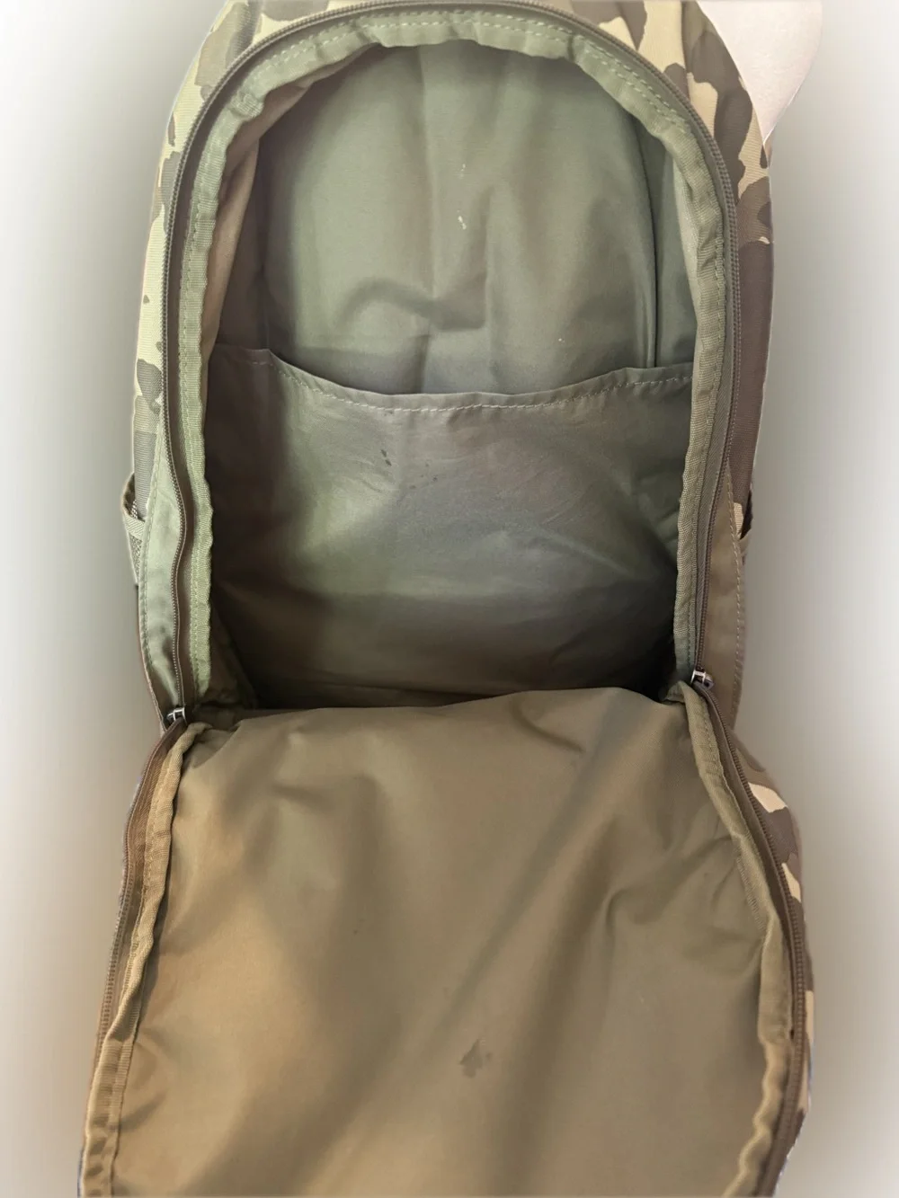 Nike Camo Backpack with White Logo and Olive Accents